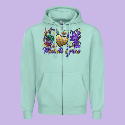 Peace Love Crawfish Mardi Gras Skeleton Hand Zipper Hoodie Designed By Fadigitalartstudio