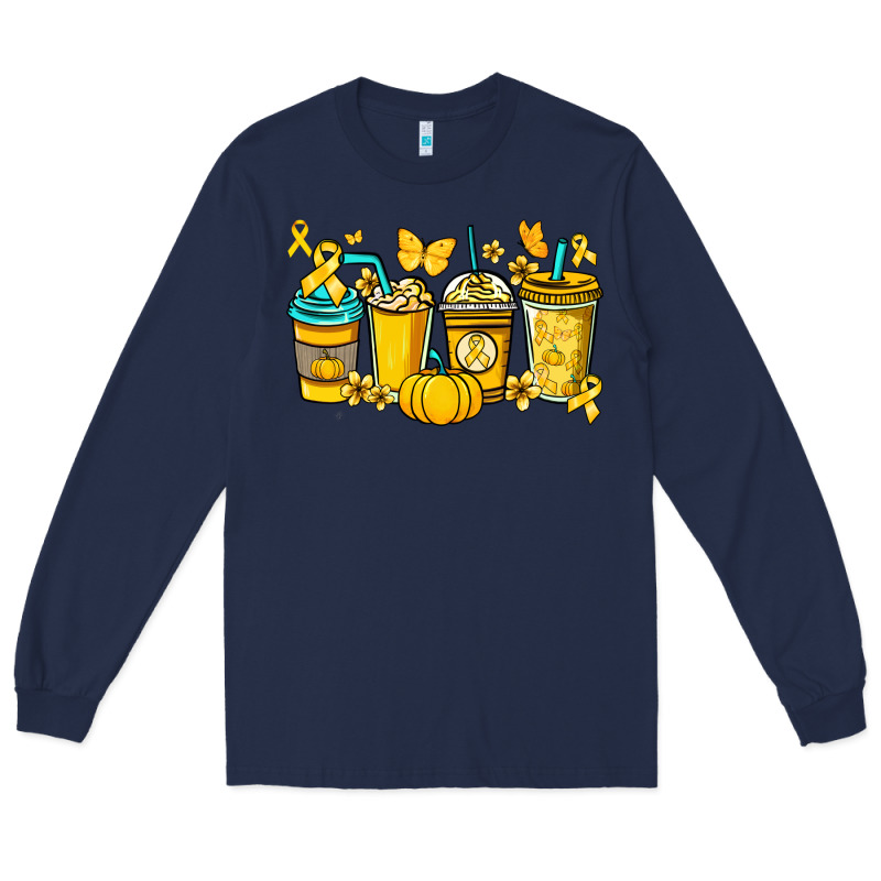 Childhood Cancer Coffee Cups Yellow Ribbon Long Sleeve Tee by NancyCooperArtShop | Teevron