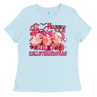 Baby Blue Happy Hallothanksmas Pigs pink Ladies Tee - NancyCooperArtShop