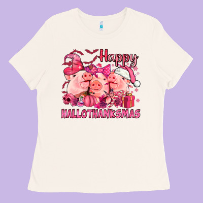 Happy Hallothanksmas Pigs Pink Ladies Tee Designed By Nancycooperartshop