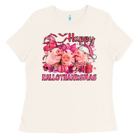 Bone Happy Hallothanksmas Pigs pink Ladies Tee - NancyCooperArtShop