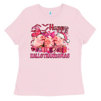 Bubblegum Pink Happy Hallothanksmas Pigs pink Ladies Tee - NancyCooperArtShop