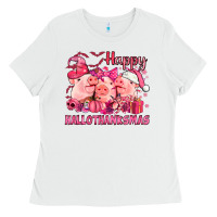 White Happy Hallothanksmas Pigs pink Ladies Tee - NancyCooperArtShop