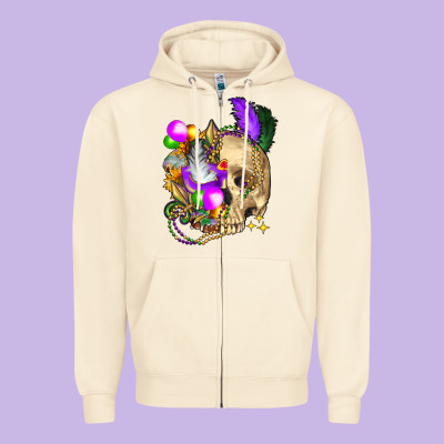 Mardi Gras Skull Zipper Hoodie Designed By Fadigitalartstudio