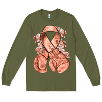 Army Green Uterine Cancer peach ribbon with boxing gloves Long Sleeve Tee - NancyCooperArtShop