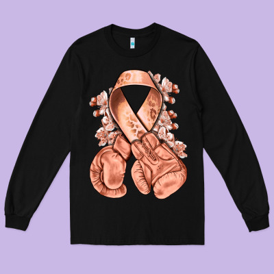 Uterine Cancer Peach Ribbon With Boxing Gloves Long Sleeve Tee Designed By Nancycooperartshop