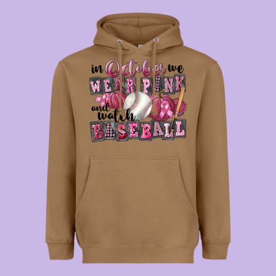 In October We Wear Pink And Watch  Baseball Heavyweight Hoodie Designed By Fadigitalartstudio