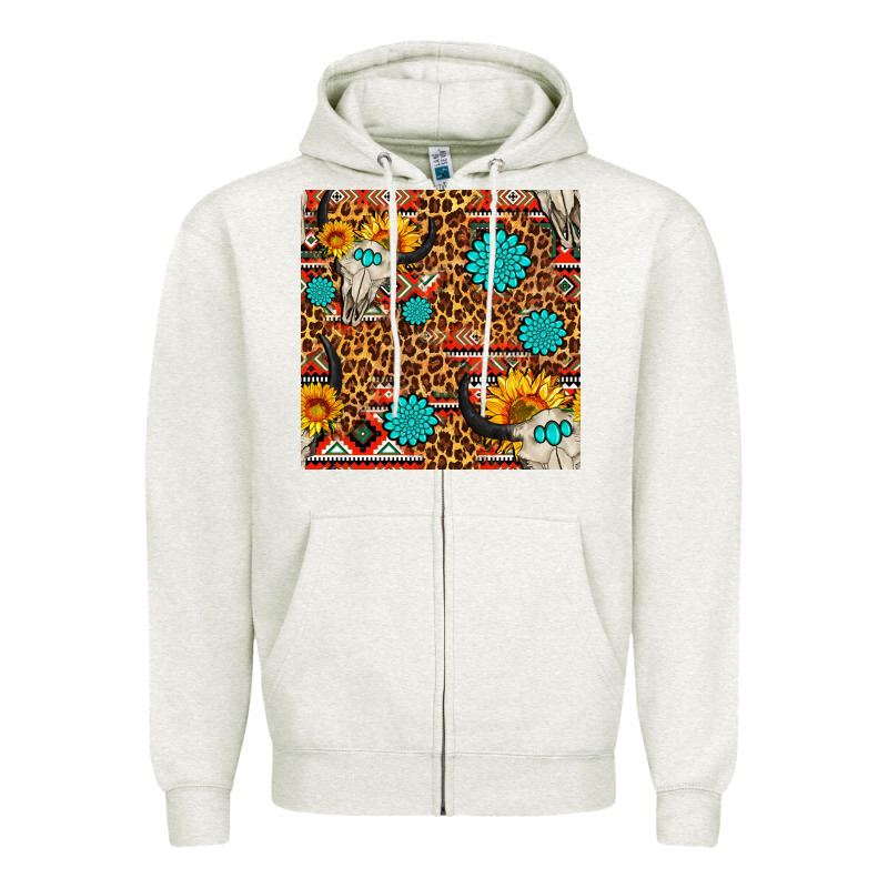 Western Aztec Bull Skull Seamless Pattern Zipper Hoodie by FaDigitalArtStudio | Teevron