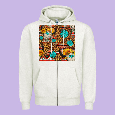 Western Aztec Bull Skull Seamless Pattern Zipper Hoodie Designed By Fadigitalartstudio