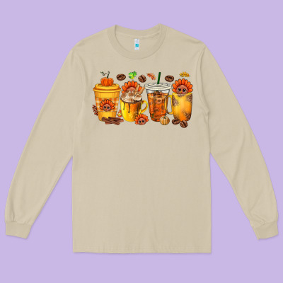 Thanksgiving Coffee Cups Long Sleeve Tee Designed By Texasbilliewilder