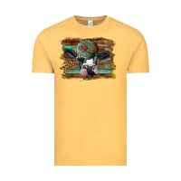 Vintage Mustard holstein cow with cap and leopard background Vintage Tee - BarkalooDesign