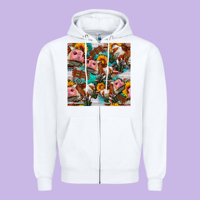 Cow With Aztec And Sunflowers Seamless Pattern Zipper Hoodie Designed By Fadigitalartstudio