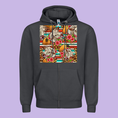 Western Cow With Hay And Flowers Seamless Pattern Zipper Hoodie Designed By Fadigitalartstudio