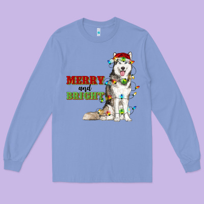 Merry And Bright Husky Long Sleeve Tee Designed By Ranaportraitstore