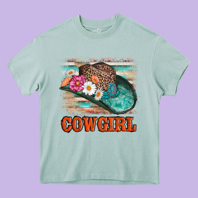 Cowgirl Hat Flowers Leopard And  Leather Heavy Core Tee Designed By Adodesignshop