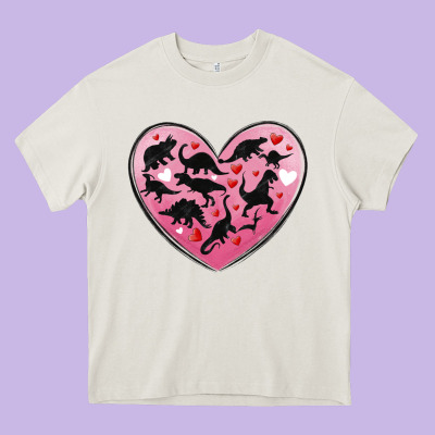Dinosaur Valentine Heart Heavy Core Tee Designed By Maliassmallbusiness