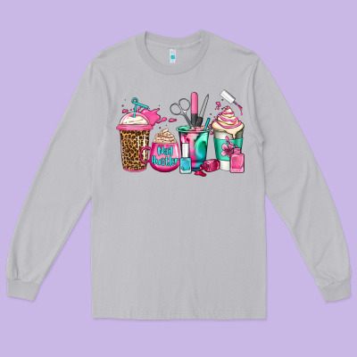 Nail Hustler Coffee Cups Long Sleeve Tee Designed By Jasminsmagicworld