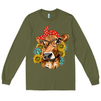 Army Green Western Cow with Sunflowers and Gemstone Long Sleeve Tee - texasbilliewilder
