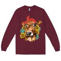 Burgundy Western Cow with Sunflowers and Gemstone Long Sleeve Tee - texasbilliewilder
