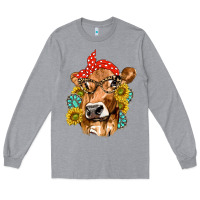 Heather Grey Western Cow with Sunflowers and Gemstone Long Sleeve Tee - texasbilliewilder