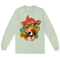 Matcha Western Cow with Sunflowers and Gemstone Long Sleeve Tee - texasbilliewilder