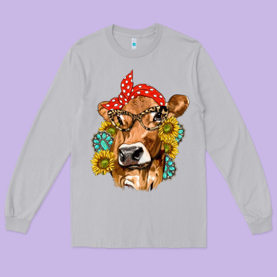 Western Cow With Sunflowers And Gemstone Long Sleeve Tee Designed By Texasbilliewilder