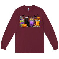 Burgundy Halloween Cat Coffee Cups Long Sleeve Tee - texasbilliewilder