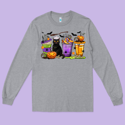 Halloween Cat Coffee Cups Long Sleeve Tee Designed By Texasbilliewilder