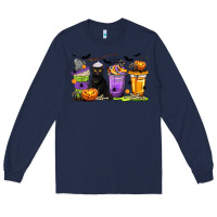 Navy Halloween Cat Coffee Cups Long Sleeve Tee - texasbilliewilder