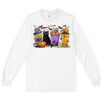 White Halloween Cat Coffee Cups Long Sleeve Tee - texasbilliewilder