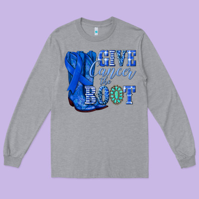 Give Cancer The Boot Colon Cancer Blue Ribbon Nca Long Sleeve Tee Designed By Nancycooperartshop