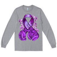 Heather Grey purple ribbon with boxing gloves Long Sleeve Tee - NancyCooperArtShop