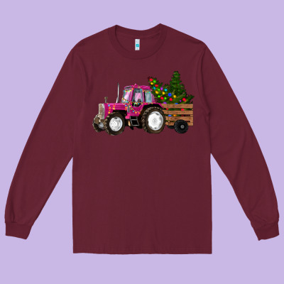 Pink Christmas Farm Tractor Long Sleeve Tee Designed By Ranaportraitstore