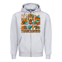 Heather Grey Happy Thanksgiving Coffee Cups Zipper Hoodie - FaDigitalArtStudio