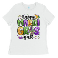 White happy mardi gras y'all Ladies Tee - MaliasSmallBusiness