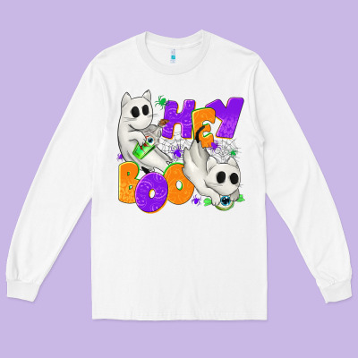 Hey Boo With Ghost Cats Long Sleeve Tee Designed By Texasbilliewilder