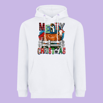 Merry Christmas Simmental Cow Heavyweight Hoodie Designed By Fadigitalartstudio