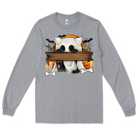 Heather Grey Personalized Halloween Ghost Cat Long Sleeve Tee - texasbilliewilder
