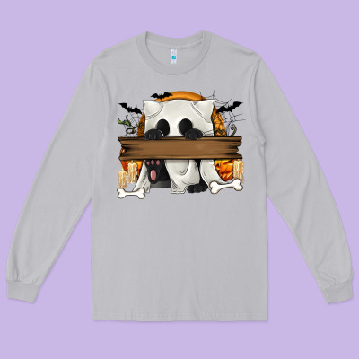 Personalized Halloween Ghost Cat Long Sleeve Tee Designed By Texasbilliewilder