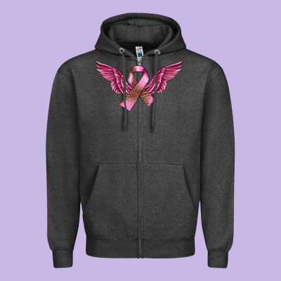 Breast Cancer Ribbon With Angel Wings Zipper Hoodie Designed By Fadigitalartstudio