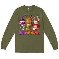 Army Green Happy Hallothanksmas wine glass and coffee Long Sleeve Tee - NancyCooperArtShop