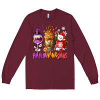 Burgundy Happy Hallothanksmas wine glass and coffee Long Sleeve Tee - NancyCooperArtShop