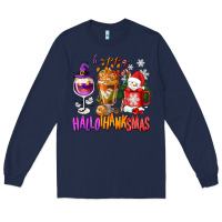 Navy Happy Hallothanksmas wine glass and coffee Long Sleeve Tee - NancyCooperArtShop