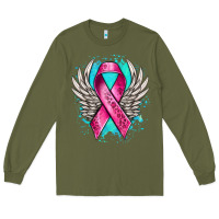 Army Green cancer ribbon with angel wings Long Sleeve Tee - NancyCooperArtShop