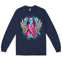 Navy cancer ribbon with angel wings Long Sleeve Tee - NancyCooperArtShop
