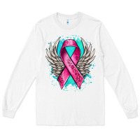 White cancer ribbon with angel wings Long Sleeve Tee - NancyCooperArtShop