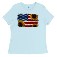 Baby Blue Distressed Yellow Sunflower American Flag Ladies Tee - Jasminsmagicworld