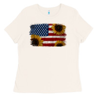 Bone Distressed Yellow Sunflower American Flag Ladies Tee - Jasminsmagicworld