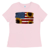Bubblegum Pink Distressed Yellow Sunflower American Flag Ladies Tee - Jasminsmagicworld
