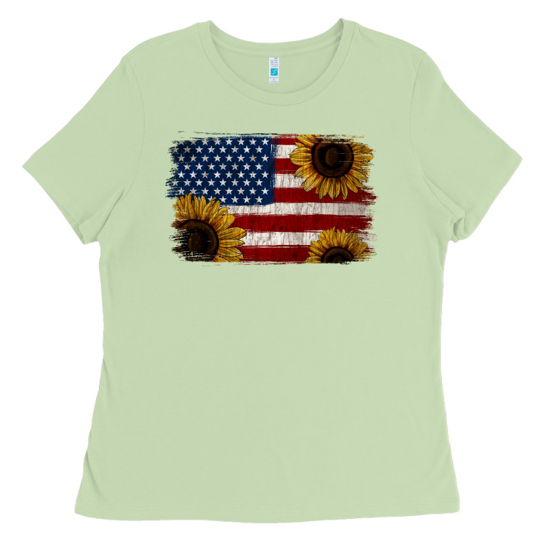 Distressed Yellow Sunflower American Flag Ladies Tee by Jasminsmagicworld | Teevron